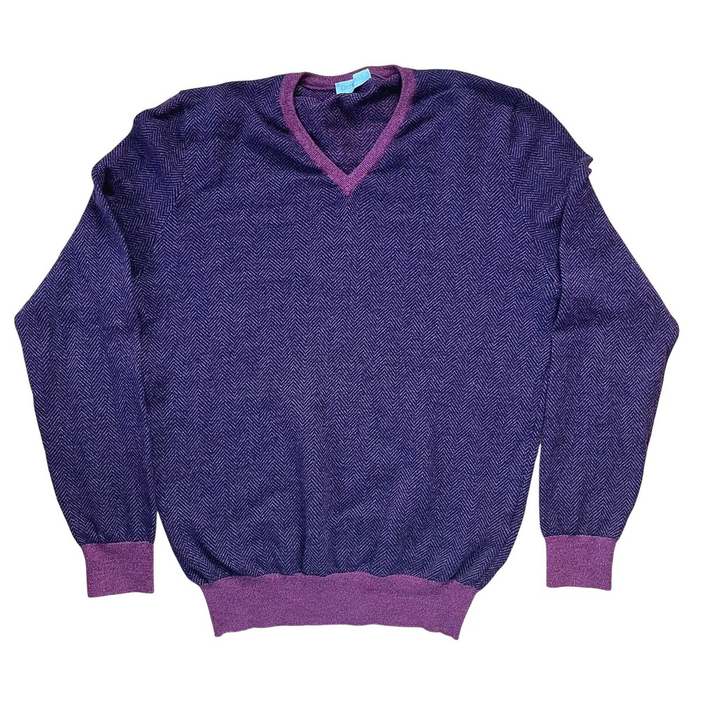 Gran Sasso Italy 100% Virgin Wool‎ V-Neck Sweater - Purple Herringbone - Men's L